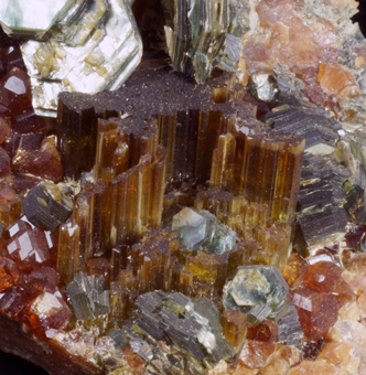 Vesuvianite, Garnet var. Hessonite, Clinochlore var. Pennine - Fontana del Preive, Ala Valley, Piedmont, Italy.