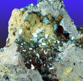 Scorodite and Pharmacosiderite, Oumlil mine, Bou Azzer District, Morocco