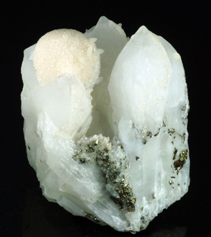 Calcite on Quartz and Pyrite - Cavnic mine, Cavnic, Romania