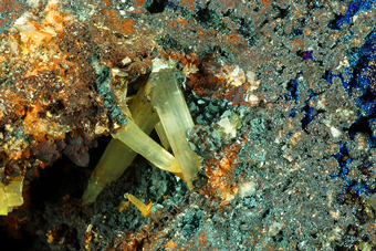 Cerussite, Azurite on Goethite - San Valentin mine, La Uni�n, Murcia, Spain