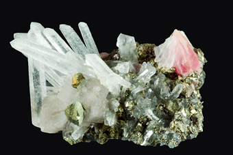 Rhodochrosite, Bertrandite, Chalcopyrite, Quartz - Wutong mine, Guangxi Zhuang Autonomous Region, China