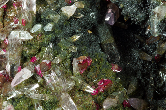 Roselite, Cobaltoan Calcite, Cobaltaustinite - Agoudal, Bou Azer District, Morocco