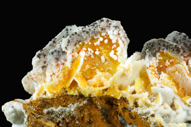 Wulfenite, Calcite, Plattnerite, Fornacite? - Ahmad Ahad, Yazd Province,Yazd Province, Iran