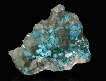 Shattuckite included in Quartz - Kandesei, Kaokoveld Plateau, ,Kunene Region, Namibia