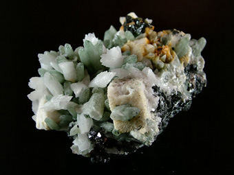 Prase Quartz and Calcite with Sphalerite on Galena - Dal'negorsk (Dalnegorsk; Tetyukhe; Tjetjuche; Tetjuche), Kavalerovo Mining District, Primorskiy Kray, Far-Eastern Region, Russia