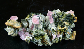 Pink Fluorite on Hedenbergite and Quartz - Huanggang Fe-Sn deposit (Huanggangliang Mine; Huanggang Mine), Hexigten Banner (Keshiketeng Co.), Ulanhad League (Chifeng Prefecture), Inner Mongolia Autonomous Region, China
