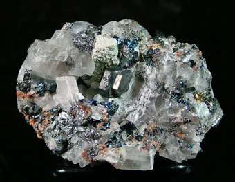 Bornite with Carrollite and Chalcopyrite on Calcite - Kamoya, Kambove District, Katanga Copper Crescent, Katanga (Shaba), Democratic Republic of Congo (Za�re)