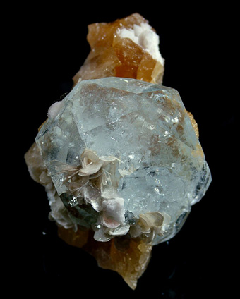 Beryl var. Aquamarine with Muscovite and Albite on Scheelite - Mt Xuebaoding, Pingwu Co., Mianyang Prefecture, Sichuan Province, China