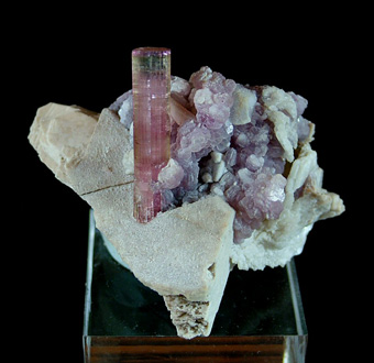 Elbaite on Orthoclase with Lepidolite and Albite - Paprok (Papruk Mine; Paprowk Mine), Kamdesh District, Nuristan Province (Nurestan Province; Nooristan Province; Nuristan), Afghanistan