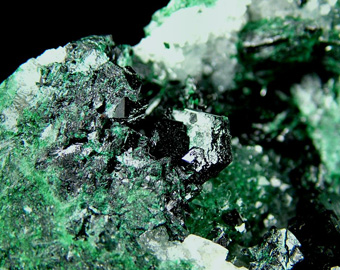 Clinoatacamite and Atacamite on Quartz - Lily Mine (Lilly Mine), Pisco Umay, Ica Department, Peru