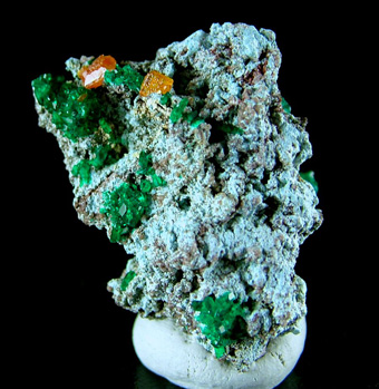Wulfenite on Dioptase - M'fouati, M'fouati District, Bouenza Department, Republic of Congo (Brazzaville)
