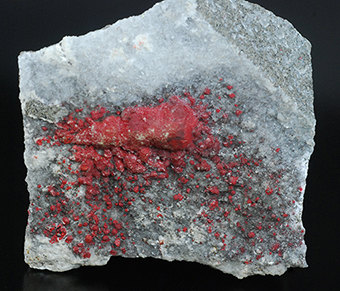 Cinnabar and calcite - Siele Mine - Piancastagnaio - Amiata Mt. - Siena prov. -  Tuscany - Italy