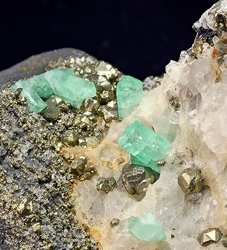 Beryl var. Emerald on Calcite with Pyrite - Coscuez Mine (Cosquez Mine), Muzo Municipality, Boyac� Department, Colombia