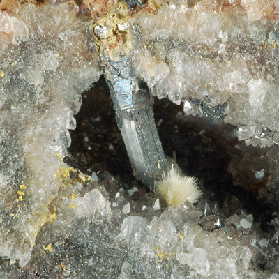 Klebelsbergite  xx,. Stibnite xx- Pereta Mine, Pereta, Italy