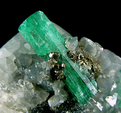 Beryl var. Emerald on Calcite with Pyrite - Coscuez Mine (Cosquez Mine), Muzo Municipality, Boyac� Department, Colombia